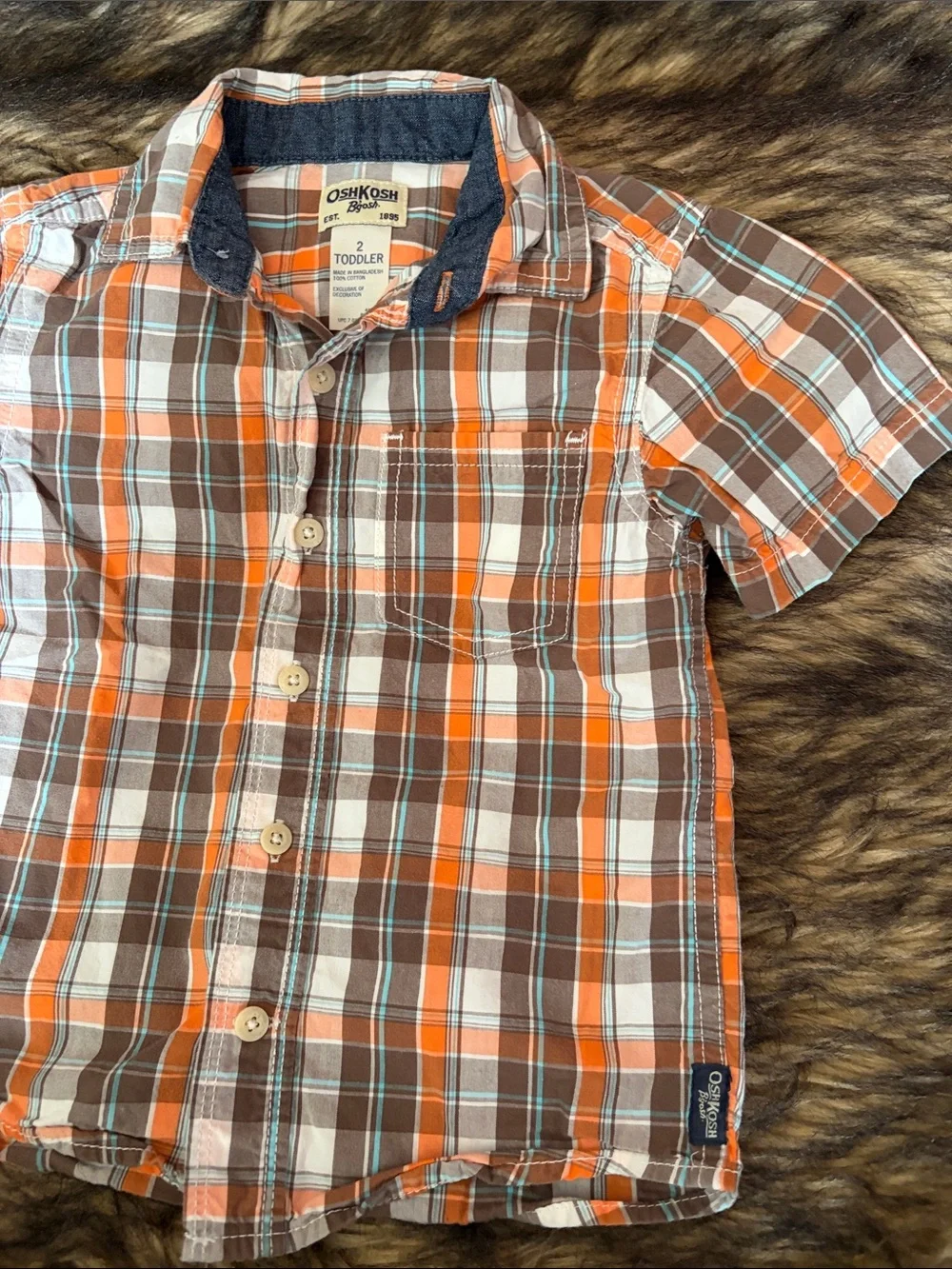 OshKosh B'gosh Orange, Brown & White Plaid Short-Sleeve Button-Up Size 2T